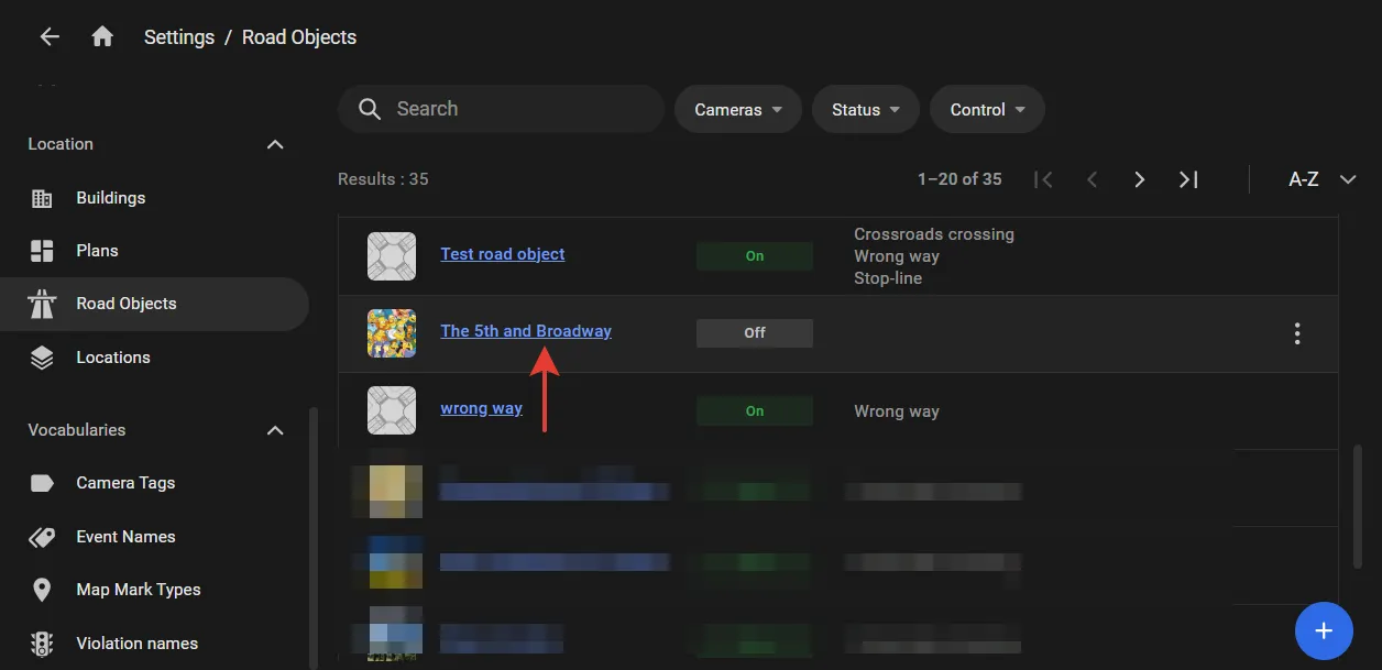 Settings — Road Objects list showing existing road objects and their enabled controls, with a road object name highlighted