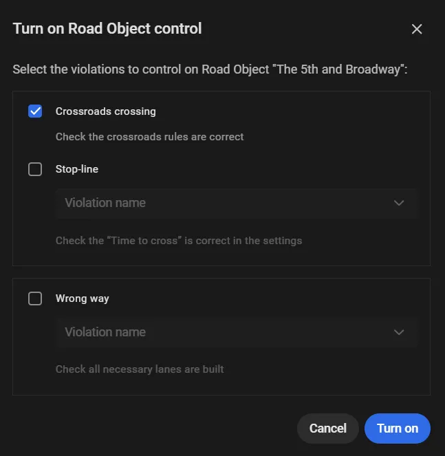 Turn on Road Object control dialog with Crossroads crossing checked