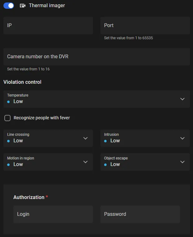 Thermal imager settings with IP, Port, and Camera number on the DVR fields, and violation control thresholds for temperature, line crossing, intrusion, motion in region, and object escape