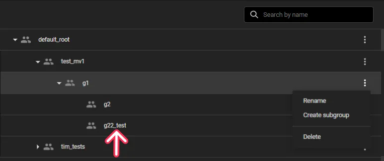 Hierarchical user group catalog under default_root, with the options menu open on a subgroup showing Rename, Create subgroup, and Delete