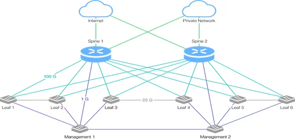 Leaf-Spine network diagram showing two Spine switches connected to Internet and Private Network, six Leaf switches at 100G/1G/25G link speeds, and two Management nodes