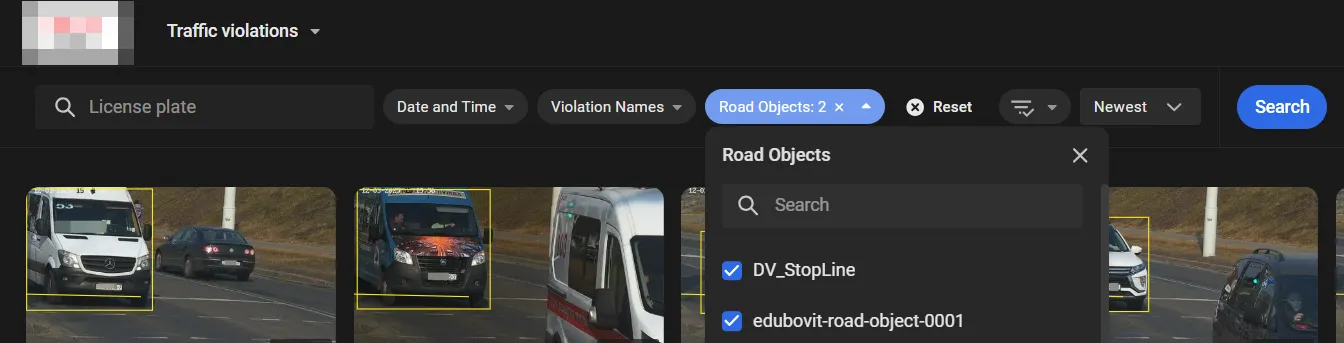 Traffic violations screen with the Road Objects filter open, two road objects selected, and violation thumbnails listed below