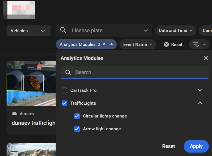 Analytics Modules panel with TrafficLights expanded showing Circular lights change and Arrow light change checked