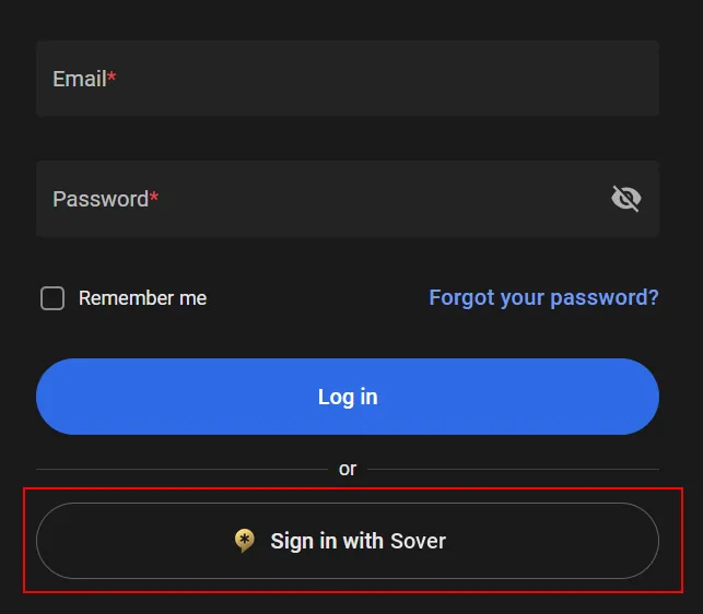 IREX sign-in screen with the Sign in with Sover option highlighted below the Log in button