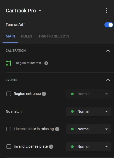 CarTrack Pro MAIN sub-tab with Region of interest calibration and Events priorities for Region entrance, No match, License plate is missing, and Invalid License plate