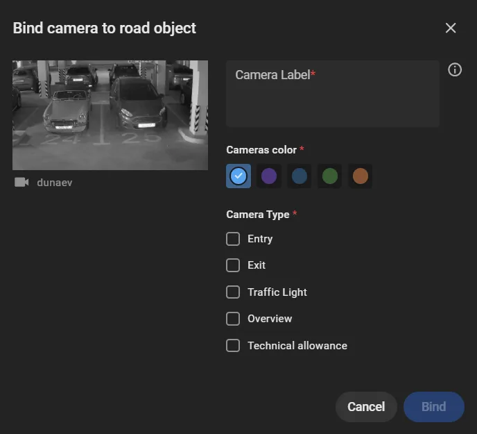 Bind camera to road object dialog with Camera Type options including Technical allowance