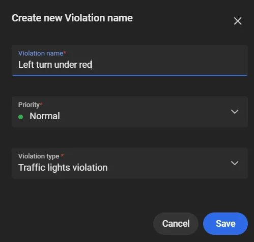 Create new Violation name dialog with the name Left turn under red and violation type Traffic lights violation