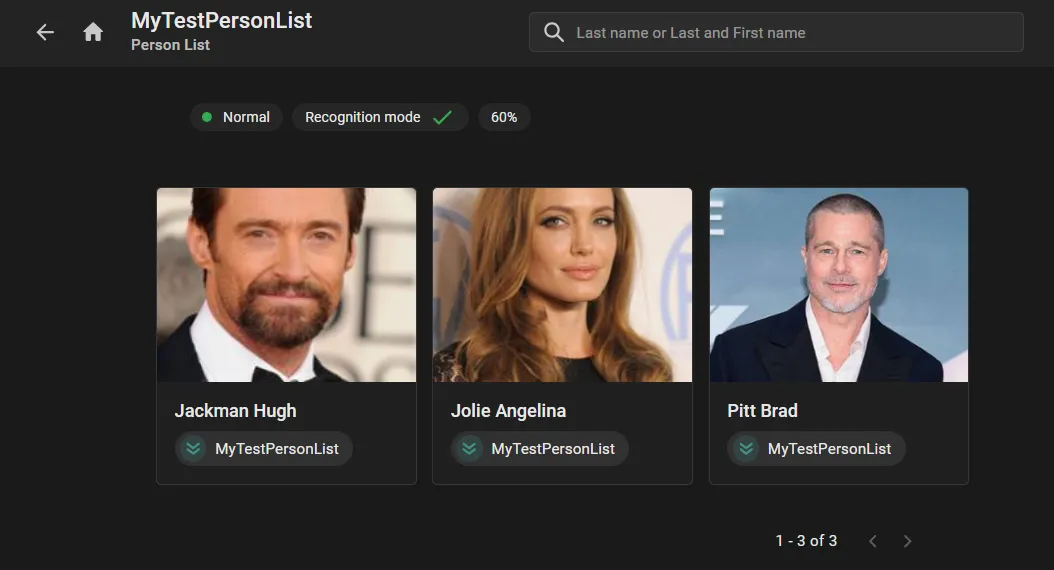 MyTestPersonList with three imported cards (Jackman Hugh, Jolie Angelina, Pitt Brad), each showing a photo and the MyTestPersonList label