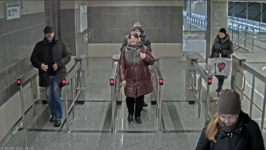 Good camera placement example: people passing through turnstiles face a nearby camera positioned at head height with clear frontal faces
