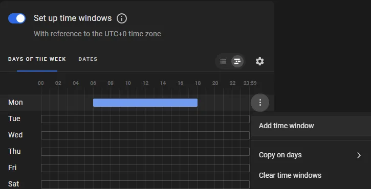 Three-dot menu on the Days of the week chart view with Add time window, Copy on days, and Clear time windows options