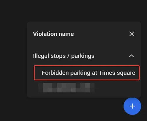 Violation name dropdown under Illegal stops / parkings with Forbidden parking at Times square highlighted