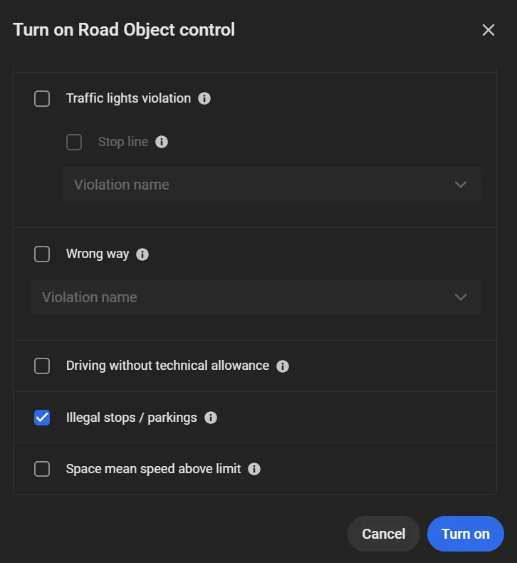 Turn on Road Object control window with Illegal stops / parkings checked among the available violation types