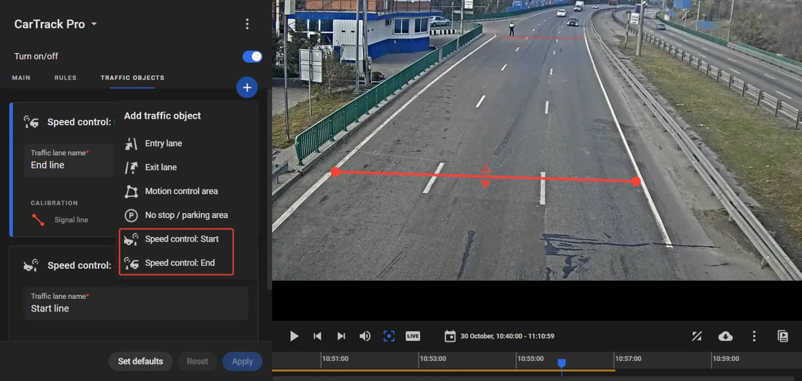 CarTrack Pro Traffic Objects tab with the Add traffic object menu open, Speed control: Start highlighted, and a red start line drawn across the road in the camera view