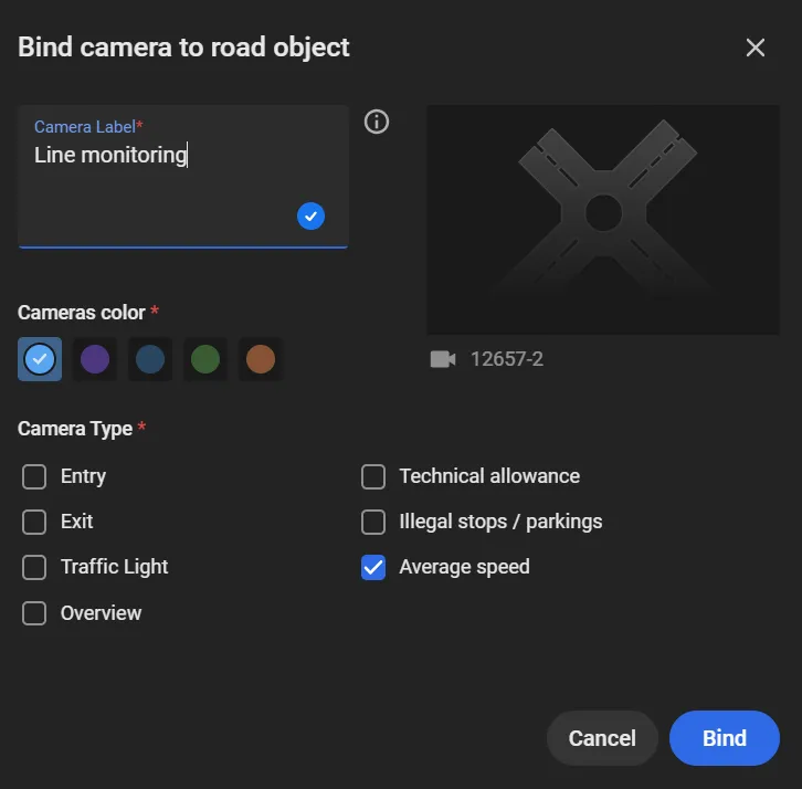 Bind camera to road object dialog with Camera Label set to Line monitoring and Average speed selected as Camera Type