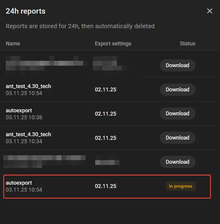 24h reports window listing previously generated reports available for download and the current report shown as In progress