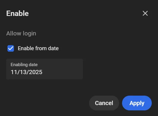 Enable window with the Enable from date checkbox and its enabling date field