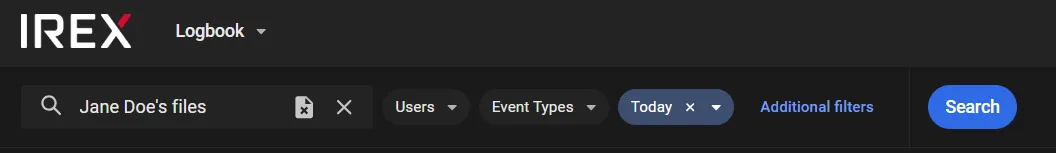 Logbook search bar with a Case ID typed into the search field next to the Users, Event Types, and Today filters and the Search button