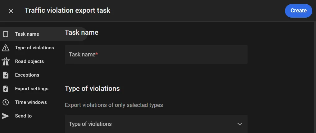 Traffic violation export task form showing the Task name field and the Type of violations section