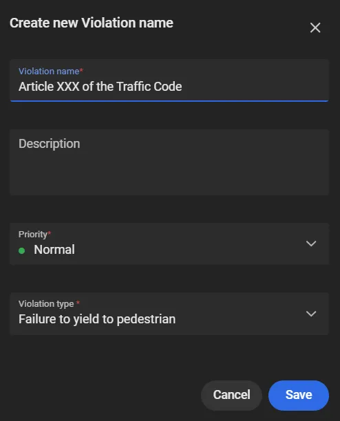 Create new Violation name dialog with the name Article XXX of the Traffic Code and violation type Failure to yield to pedestrian