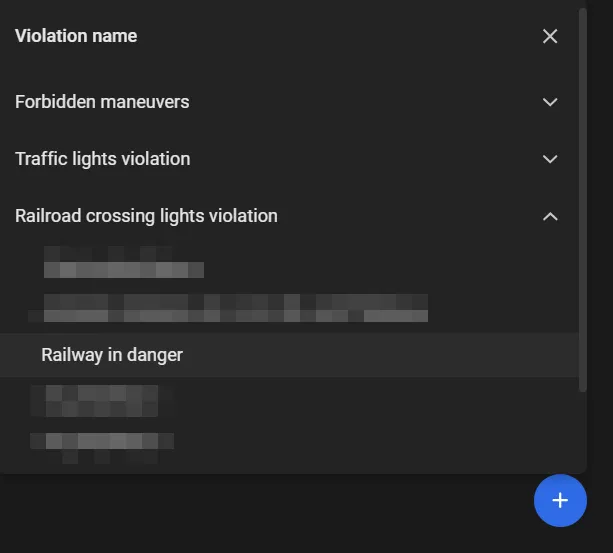 Violation name panel with Railroad crossing lights violation expanded and Railway in danger selected