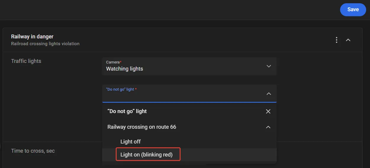 Railway in danger rule with Light on (blinking red) selected under Do not go light for Railway crossing on route 66