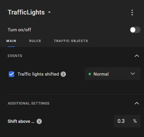 TrafficLights MAIN tab with Traffic lights shifted checked at Normal priority and Shift above threshold set to 0.3%