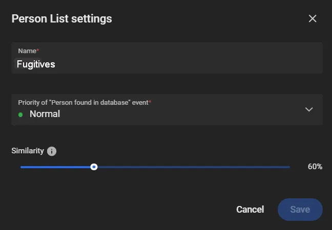 Person List settings window with Name set to Fugitives, event priority set to Normal, and a Similarity slider set to 60%