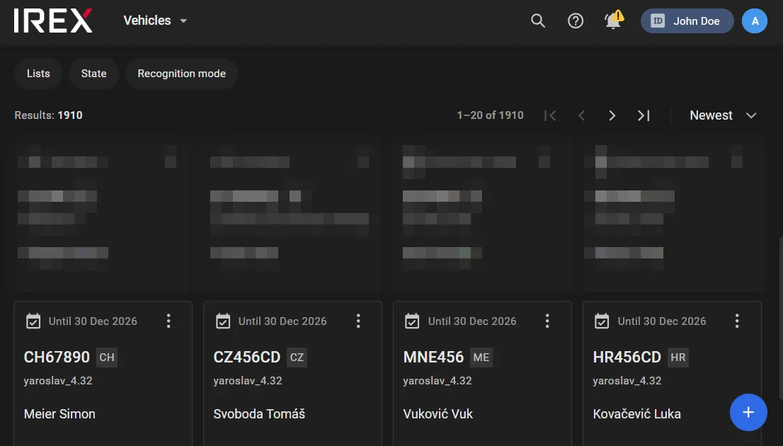 Vehicles screen showing a grid of vehicle cards with license plate numbers, recognition status, and owner names, filtered by Lists, State, and Recognition mode