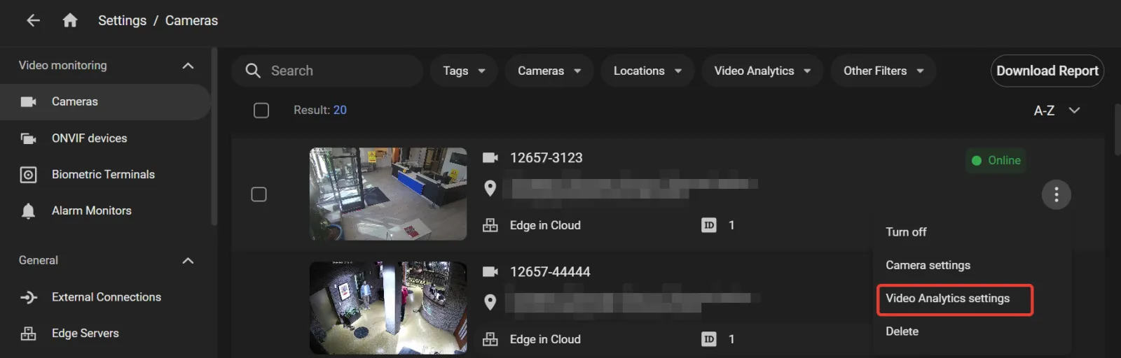 Settings — Cameras list with a camera's three-dot menu open and Video Analytics settings highlighted