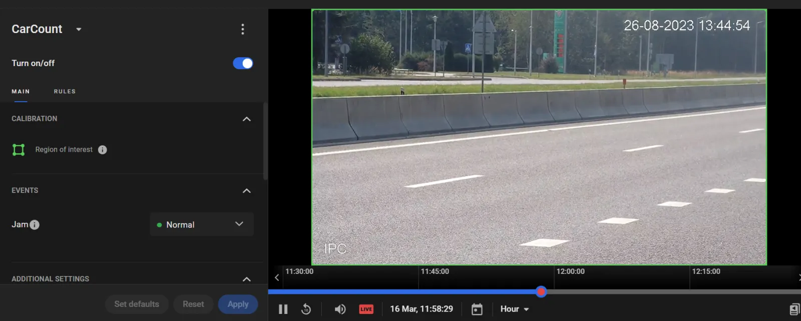 CarCount settings with the Region of interest outlined in green over a highway camera view and the Jam event set to Normal priority