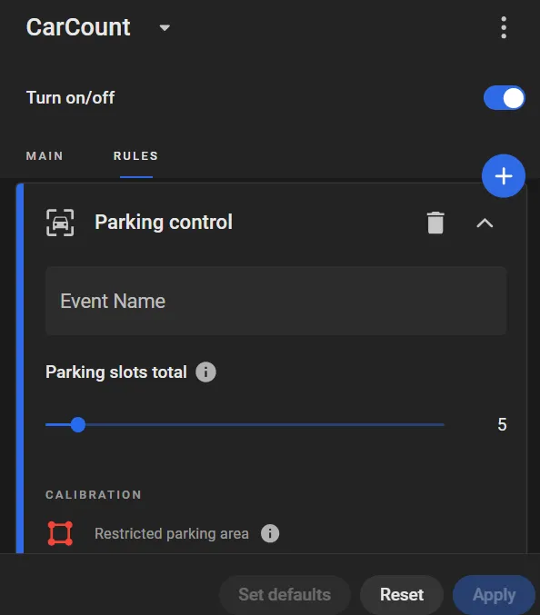 CarCount Rules tab with a Parking control rule card showing Event Name, Parking slots total set to 5, and Restricted parking area calibration