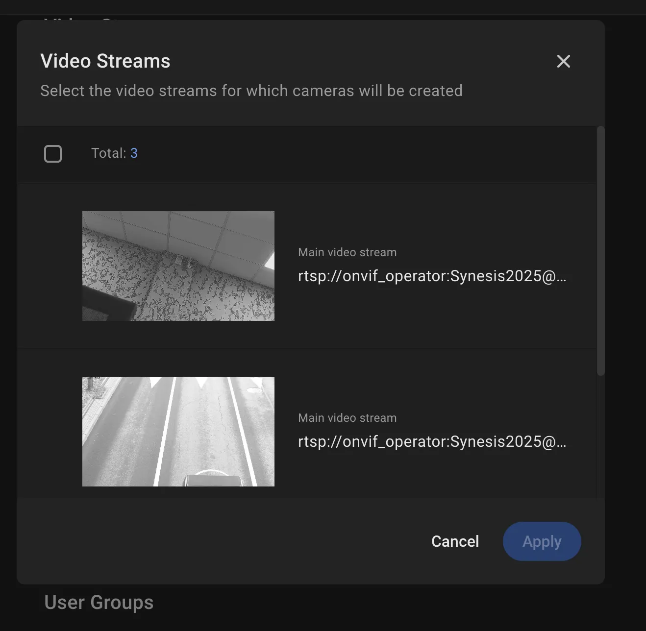 Video Streams selection window listing camera streams with thumbnails and RTSP URLs, with checkboxes to select which streams to add