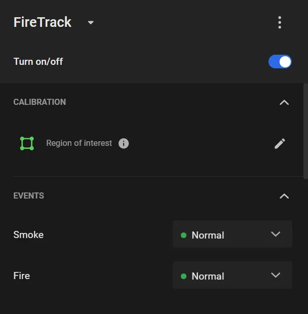 FireTrack settings panel showing the Region of interest calibration control and Smoke and Fire event severity set to Normal