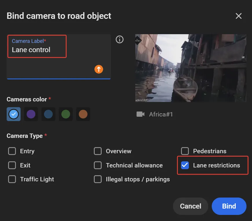 Bind camera to road object window with the Camera Label set to Lane control, a camera color selected, and Camera Type set to Lane restrictions