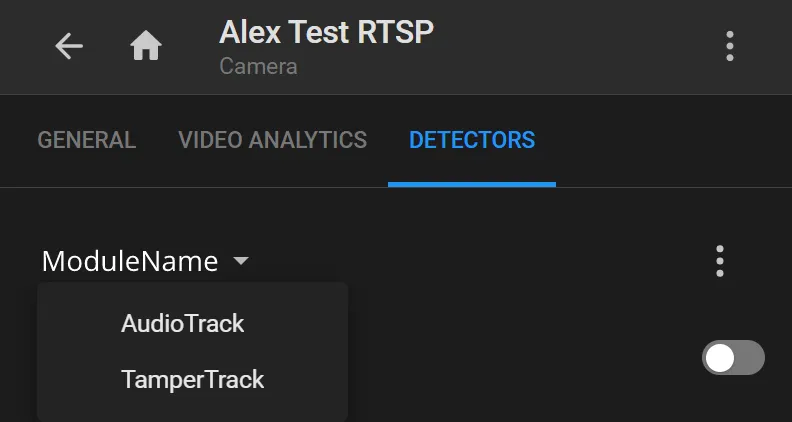 Camera Detectors tab with the ModuleName dropdown open showing AudioTrack and TamperTrack options and an On/Off toggle