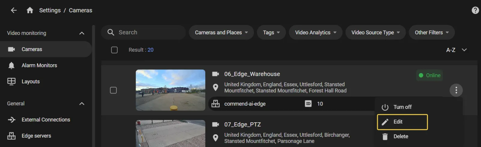 Cameras list in settings with the three-dot menu open on a camera showing Turn off, Edit, and Delete options