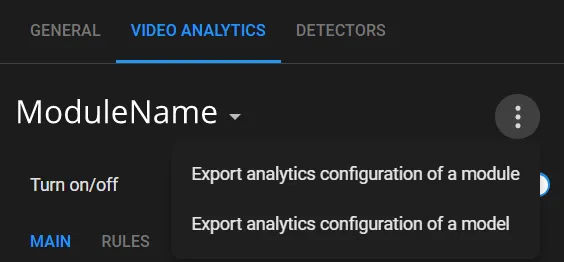 Video Analytics tab three-dot menu showing Export analytics configuration of a module and of a model options