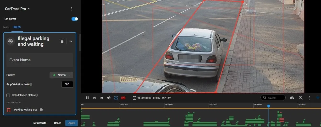 Illegal parking and waiting rule card with Stop/Wait time limit set to 300 seconds, next to a camera view with a red parking/waiting area drawn around a parked car