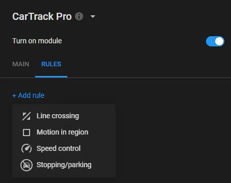 RULES tab with the Add rule menu open, listing Line crossing, Motion in region, Speed control, and Stopping/parking