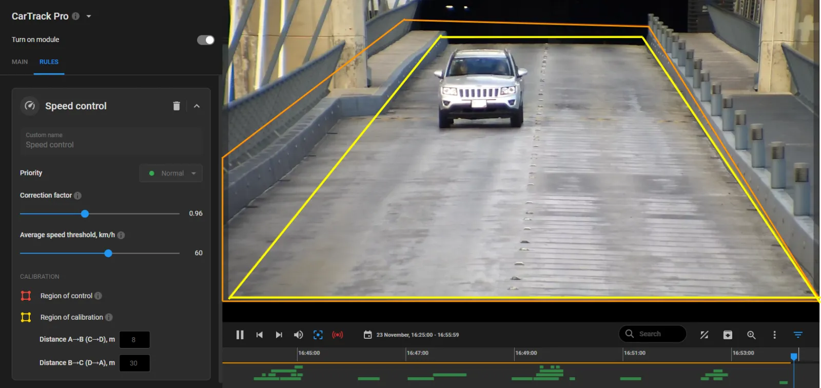 Speed control rule card next to a camera view with the yellow Region of calibration and orange Region of control drawn over a road with a car