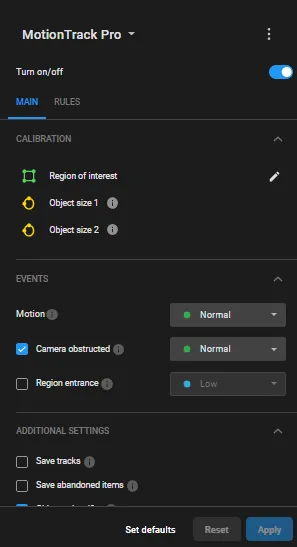 MotionTrack Pro MAIN sub-tab showing Calibration options (Region of interest, Object size 1 and 2) and Events options (Motion, Camera obstructed, Region entrance) with priority levels