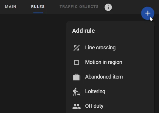 ObjectTrack Pro Rules tab with the Add rule menu open, listing Line crossing, Motion in region, Abandoned item, Loitering, and Off duty