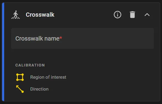 Crosswalk traffic object card with Crosswalk name and Calibration Region of interest and Direction