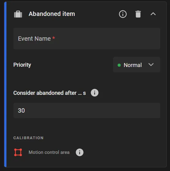 Abandoned item rule card with Event Name, Priority set to Normal, Consider abandoned after 30 s, and Calibration Motion control area