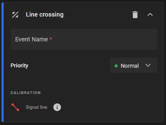 Line crossing rule card with Event Name, Priority set to Normal, and Calibration Signal line
