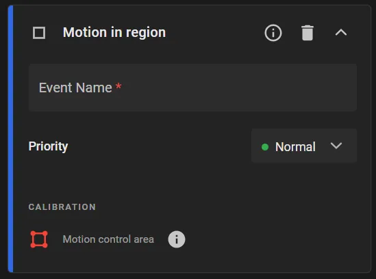 Motion in region rule card with Event Name, Priority set to Normal, and Calibration Motion control area