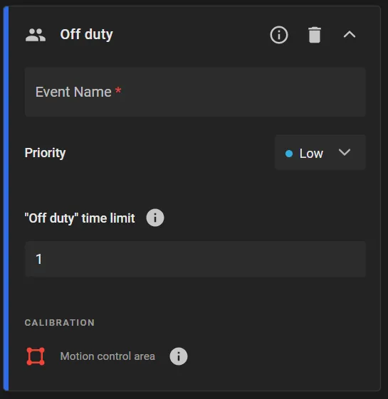Off duty rule card with Event Name, Priority set to Low, Off duty time limit set to 1, and Calibration Motion control area