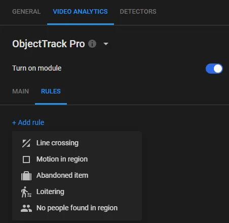 RULES sub-tab with the Add rule menu open, listing Line crossing, Motion in region, Abandoned item, Loitering, and No people found in region