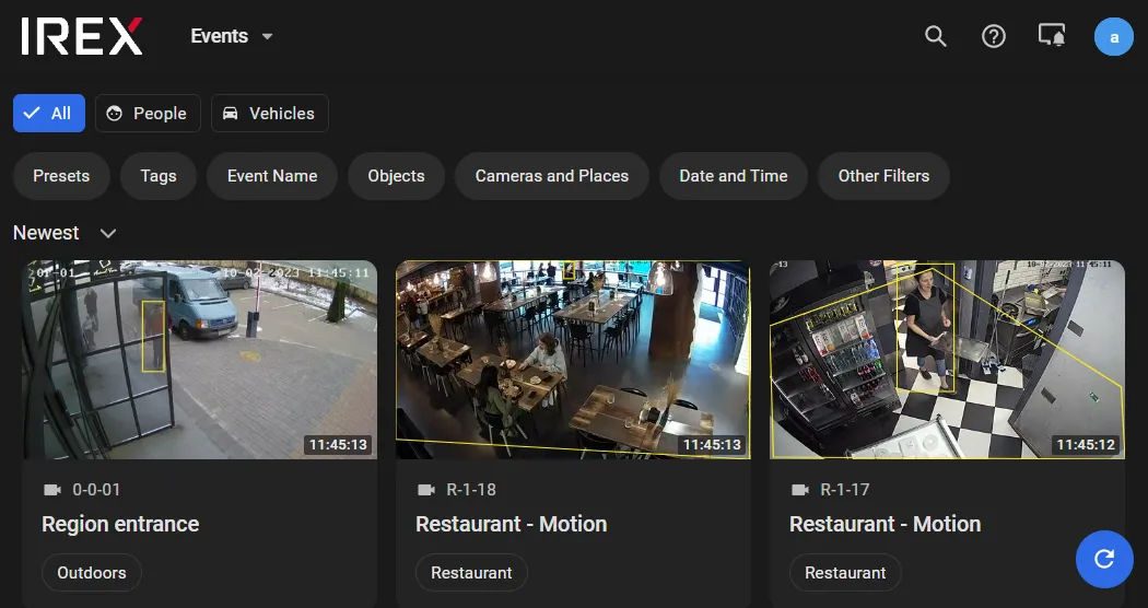 Events screen showing an array of event cards with filters for People, Vehicles, and other criteria