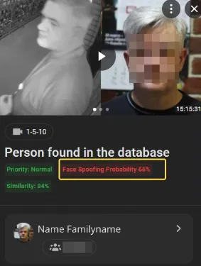 Person found in the database event detail showing a Face Spoofing Probability of 66% alongside the similarity score
